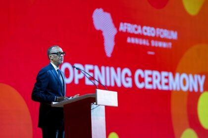 President Kagame delivering a speech at the Africa CEO Forum 2024 in Kigali on Thursday, 16th May 2024. Photo: X/@UrugwiroVillage