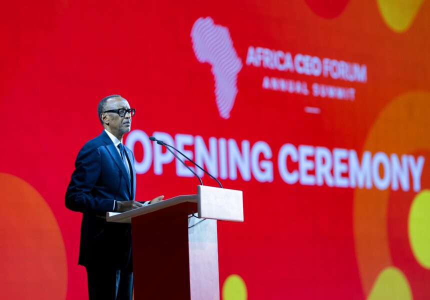President Kagame delivering a speech at the Africa CEO Forum 2024 in Kigali on Thursday, 16th May 2024. Photo: X/@UrugwiroVillage