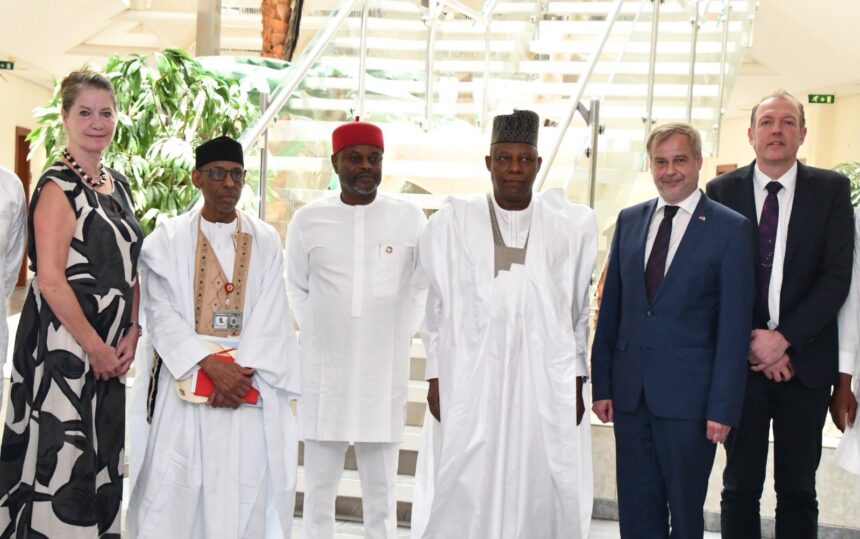 Senator Kashim Shettima, Vice President, Federal Republic of Nigeria received on a courtesy visit to the Presidential Villa, a German delegation led by a member of German Parliament and Hydrogen Commissioner, Federal Ministry of Education and Research, Mr. Till Mansmann. Photo: X/@officialSKSM