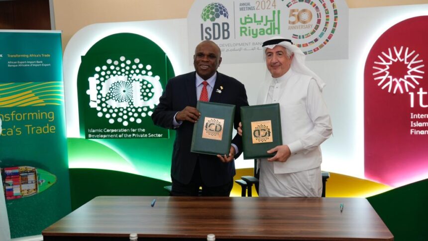 President and Chairman of the Board of Directors of Afreximbank, Prof. Benedict Oramah (left) with Chief Executive Officer, International Islamic Trade Finance Corporation (ITFC) & Acting Chief Executive Officer of Islamic Corporation for Development of the Private Sector (ICD), Eng. Hani Salem Sonbol (right).