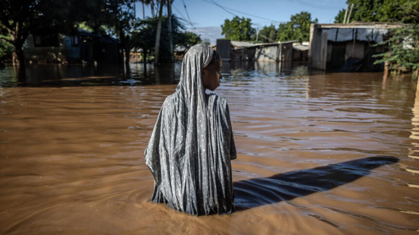 A woman wades through floodwaters in Garissa, Kenya earlier this month © LUIS TATO / AFP