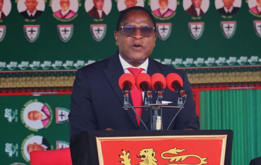 President Dr Lazarus Chakwera of Malawai speaking during the AMEC Centenary Celebrations at Hannock Msokera Primary School Ground, Traditional Authority Mwase in Kasungu today. Photo: Malawi Government