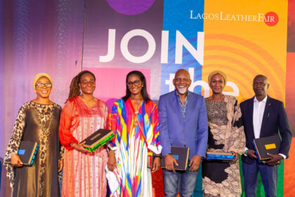 L-R Prof. Henrietta Onwuegbuzie (Lagos Business School), Mrs Olufunke Jones (Division Director Providus Bank), Mrs Femi Olayebi (Founder, Lagos Leather Fair), Mr Sola Oyebade (Fashions Finest Africa), Mrs Hadiza Shuaib (Head of Corporate Communications, Bank of Industry (BOI), Dr. Jerry Tagang (Senior Lecturer, NILEST)