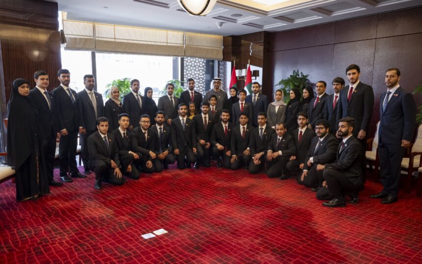 President His Highness Sheikh Mohamed bin Zayed Al Nahyan has met with a number of Emirati students studying at Chinese universities and institutions. Photo: WAM