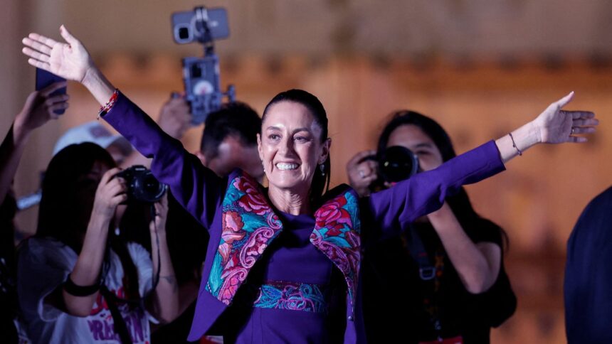 Claudia Sheinbaum waves at supporters in the Zocalo plaza in Mexico City, Mexico on June 3, 2024. Daniel Becerril/Reuters