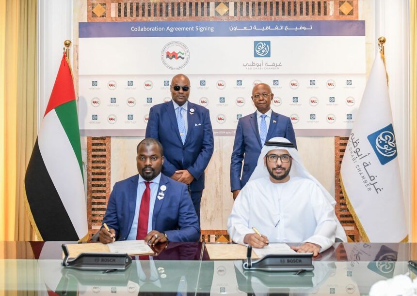 The agreement was signed by Ahmed Khalifa Al Qubaisi, CEO of the Abu Dhabi Chamber, and Bráulio Mohammed Martins, President of the Angola-UAE Chamber of Commerce and Industry, in the presence of Julio Belarmino Gomes Maiato, Ambassador of the Republic of Angola to the UAE, and Masood Rahma Al Masaood, Treasurer of the Abu Dhabi Chamber, along a number of representatives of both sides. Photo: WAM