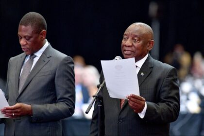 Chief Justice Raymond Zondo swears in designated members of the National Assemby and administers the oath/ affirmation to the Republic and the Constitution of South Africa during the First Sitting of the National Assembly of the 7th Parliament taking place at the Cape Town International Convention Centre in the Western Cape. Photo: X/@PresidencyZA
