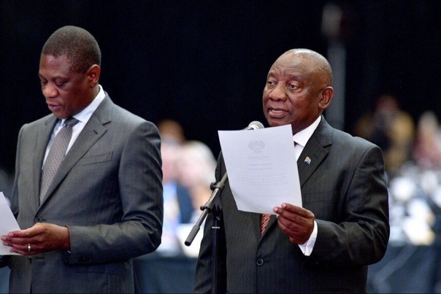 Chief Justice Raymond Zondo swears in designated members of the National Assemby and administers the oath/ affirmation to the Republic and the Constitution of South Africa during the First Sitting of the National Assembly of the 7th Parliament taking place at the Cape Town International Convention Centre in the Western Cape. Photo: X/@PresidencyZA