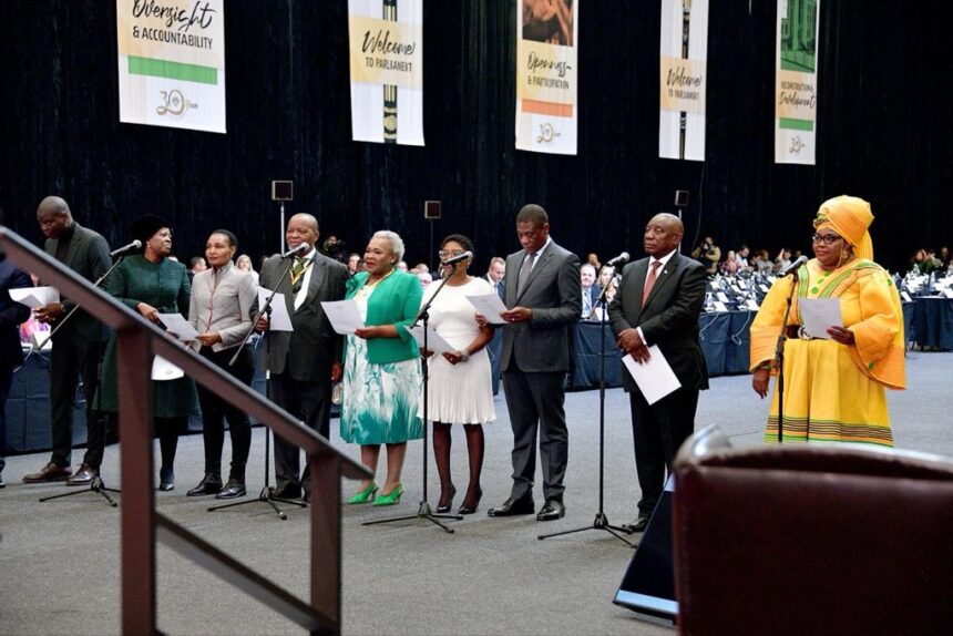 Chief Justice Raymond Zondo swears in designated members of the National Assemby and administers the oath/ affirmation to the Republic and the Constitution of South Africa during the First Sitting of the National Assembly of the 7th Parliament taking place at the Cape Town International Convention Centre in the Western Cape.
