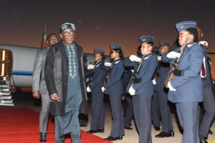 The President of Nigeria HE Bola Ahmed Tinubu arrives at Waterkloof Air Force Base, and is received by Minister Mmamoloko Kubayi. Photo: GCIS