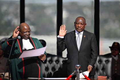 Chief Justice R M M Zondo administered the oath of office to President C M Ramaphosa at the Union Buildings in Pretoria. Photo: X/@OCJ_RSA