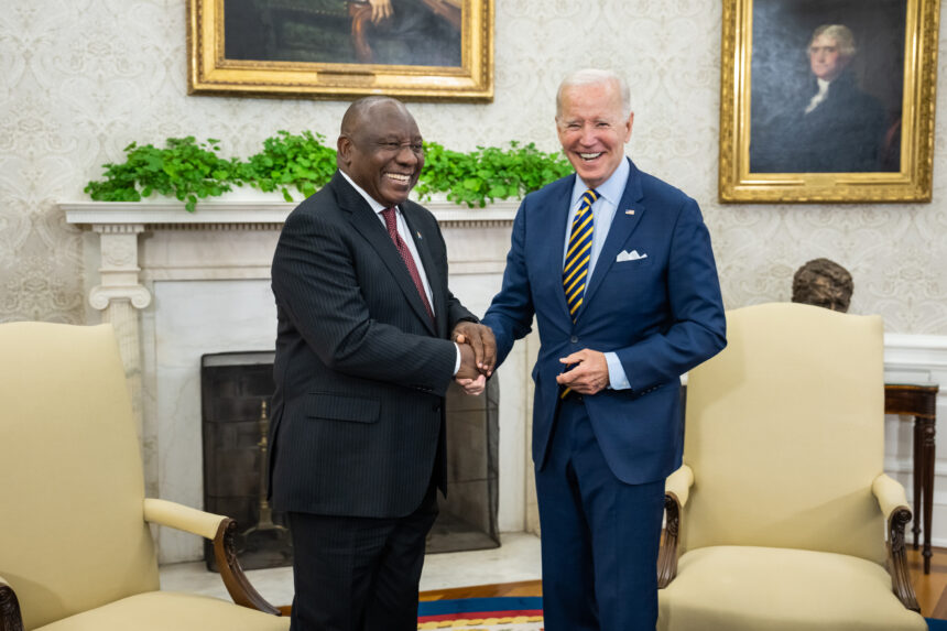 resident Joe Biden and South African President Cyril Ramaphosa shake hands in the Oval Office