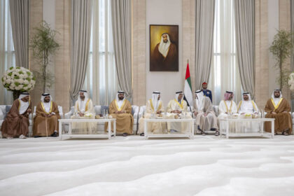 ABU DHABI, 16th June, 2024 (WAM) -- His Highness Sheikh Mansour bin Zayed Al Nahyan, Vice President, Deputy Prime Minister and Chairman of the Presidential Court; and H.H. Sheikh Khaled bin Mohamed bin Zayed Al Nahyan, Crown Prince of Abu Dhabi, today received Their Highnesses the Crown Princes and Deputy Rulers, sheikhs and well-wishers on the occasion of Eid Al-Adha.