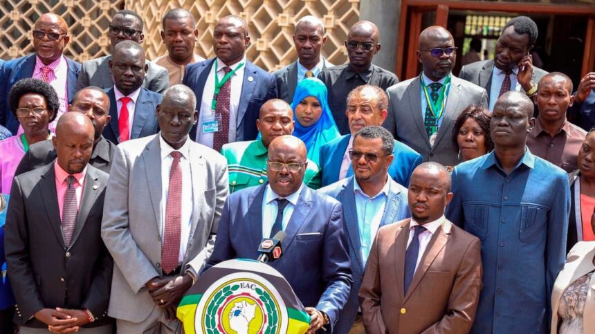 The East African Legislative Assembly (EALA) members led by its speaker Joseph Ntakirutimana addressing the media at the Parliament buildings in Nairobi, Kenya on Monday, March 4, 2024. PHOTO | DENNIS ONSONGO | NMG