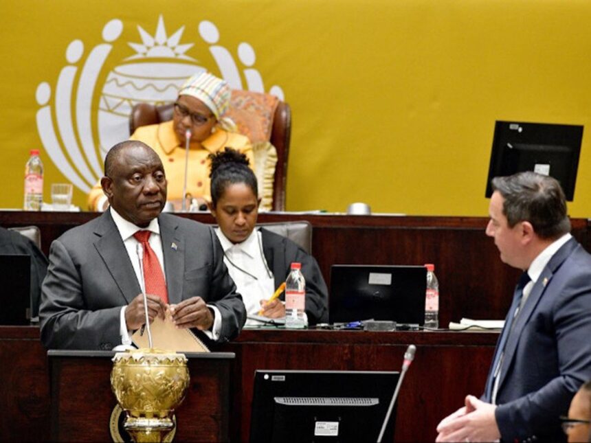 FILE: President Cyril Ramaphosa responds to a question from DA leader John Steenhuisen during his question and answer session in Parliament on 5 September 2023. Picture: @PresidencyZA/X