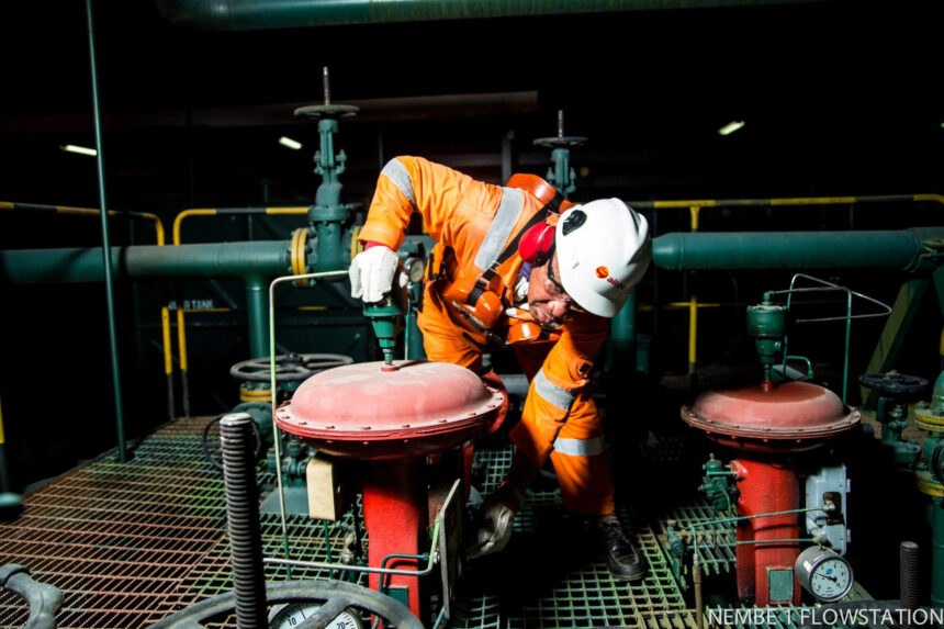 An employee of Aiteo working at the Nembe 1 flowstation in Bayelsa, Nigeria