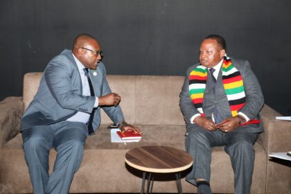 Hon. Mulambo Haimbe SC, M.P, Minister of Foreign Affairs and International Cooperation held a bilateral meeting with Hon. Frederick Shava, Minister of Foreign Affairs and International Trade of the Republic of Zimbabwe on the margins of the ongoing Mid-Year Coordination Meeting of the African Union. in Accra, Ghana. Photo: MoFAIC Zambia