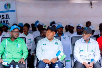 (L-R) Minister Olivier Nduhungirehe, Senate President François-Xavier Kalinda, and Minister Vincent Biruta during the conclusion of PSD campaigns on Saturday, July 13. Photo: The New Times