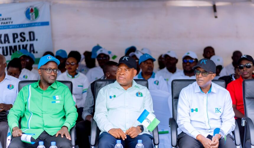 (L-R) Minister Olivier Nduhungirehe, Senate President François-Xavier Kalinda, and Minister Vincent Biruta during the conclusion of PSD campaigns on Saturday, July 13. Photo: The New Times
