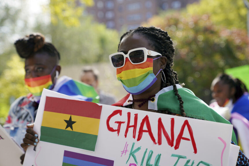 A rally was organised in New York against a controversial bill being proposed in Ghana's parliament that would make identifying as LGBTQIA or an ally a criminal offense punishable by up to 10 years in prison. © AP