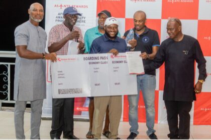 L-R Toni Ukachukwu Organiser WFLA-Golf, Yomi Egbe, Wale Kalejaiye,Sunday Alli (winner) James Ngaga, country Manager Kenya Airways and M.I Okoro