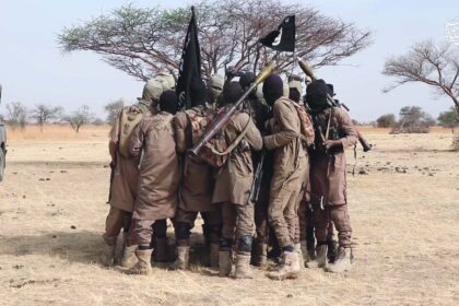 A still from a June 15, 2019 ISIS propaganda video, purportedly showing Islamic State West Africa Province militants in Nigeria reaffirming their pledge of allegiance to ISIS leader Abu Bakr al-Baghdadi.