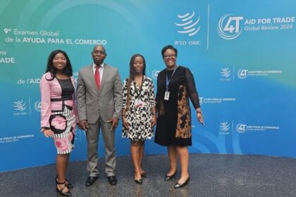 Lesotho's Principal Secretary in the Ministry of Trade and Business Development, Mr. Thabo Moleko, Miss Tsotang Tsietsi of the National University of Lesotho and other delegaes at the Aid for Trade Global Review in Geneva. Photo: MoFAIR Lesotho