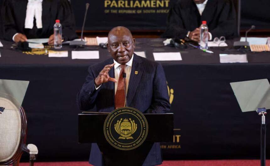 South Africa's President Cyril Ramaphosa speaks during his opening of parliament address in Cape Town, South Africa, July 18, 2024. REUTERS/Esa Alexander
