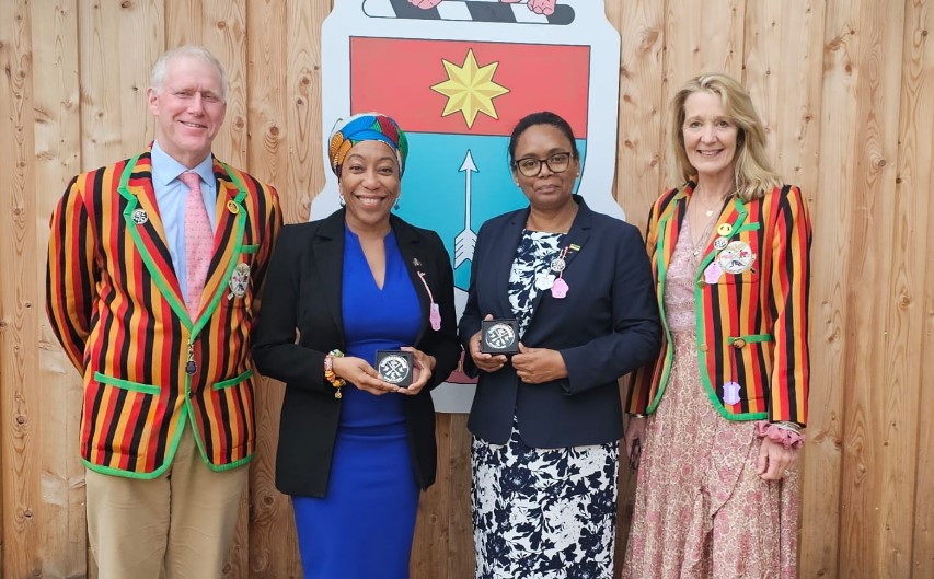 Zambia High Commissioner to the UK, Mazoka Macenje, Tim Cook, President of RowZambezi Sculling Club, Her Excellency Albertina McDonald, (Mozambique Ambassador to the UK 3rd -l) and Louise Cook on the eve of the Club's departure for Zambia. Photo: Zambia High Commission, London