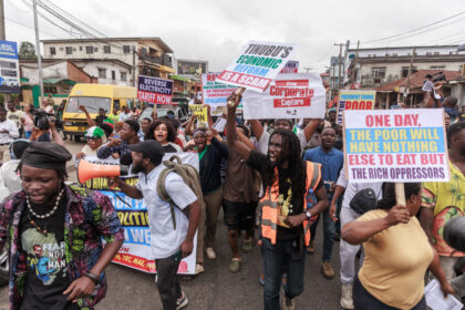 Demonstrators during the End Bad Governance protest in Lagos, on Aug. 1.Photographer: Benson Beabuchi/AFP/Getty Images