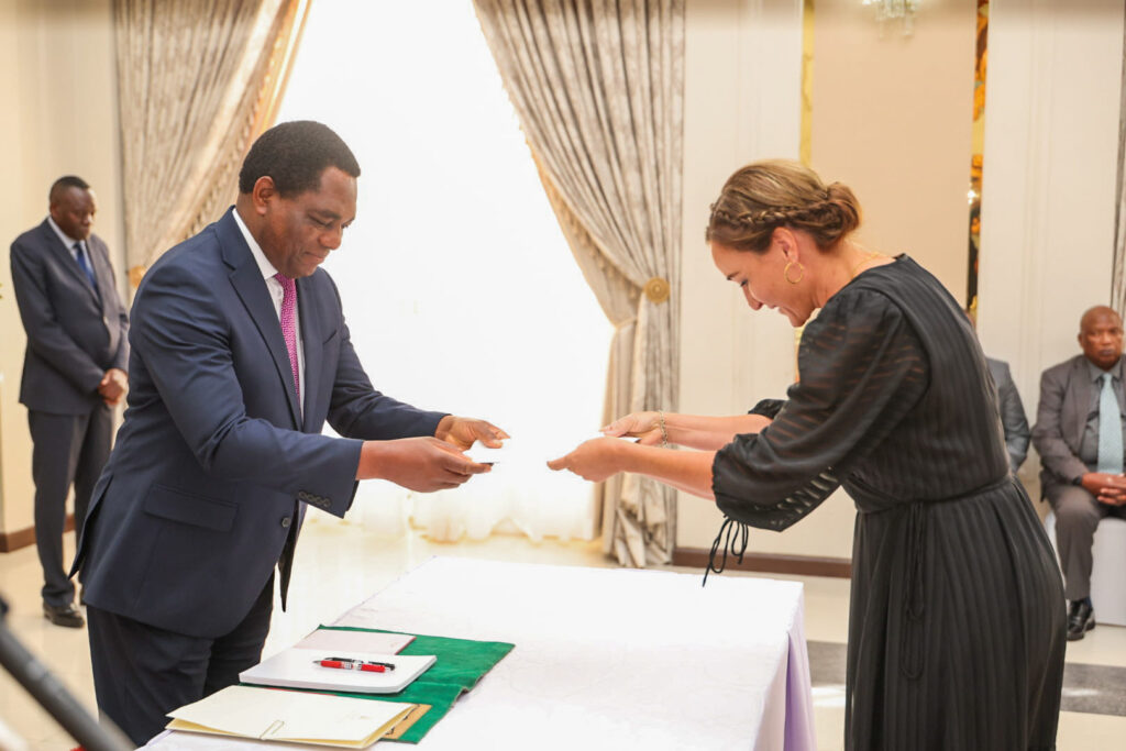 Hakainde Hichilema, ,President of the Republic of Zambia received Letters of Credence from the new Ambassador of the Kingdom of Denmark to Zambia, Her Excellency Ms. Elsebeth Sondergaard Krone. Photo: MoFAIC Zambia