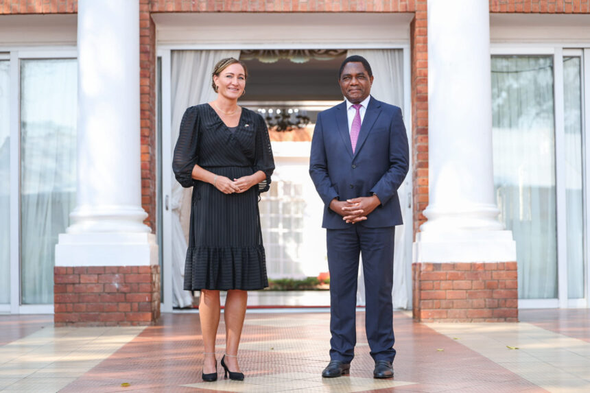 Hakainde Hichilema, ,President of the Republic of Zambia received Letters of Credence from the new Ambassador of the Kingdom of Denmark to Zambia, Her Excellency Ms. Elsebeth Sondergaard Krone. Photo: MoFAIC Zambia