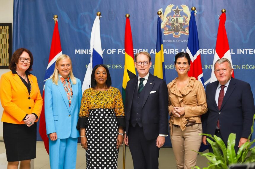 The Minister for Foreign Affairs and Regional Integration, Hon. Shirley Ayorkor Botchwey on Wednesday 14th August, 2024 held a joint bilateral meeting with five (5) Nordic Foreign Ministers who were in Ghana for a two-day joint working visit. Photo: MoFARI Ghana