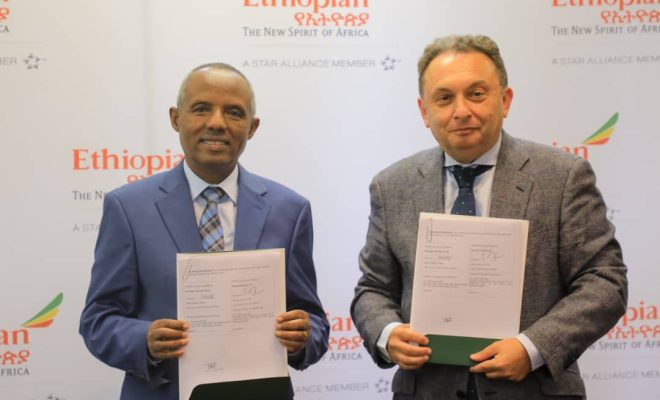 Mesfin Tasew, CEO of Ethiopian Airlines Group with counterpart from Satarem America Inc.