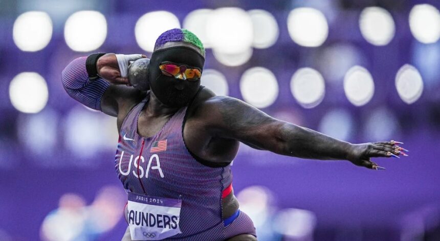Raven Saunders in action during qualification in the women's shot put at the Paris Olympic Games. Michael Kappeler/dpa/AP