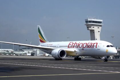 Ethiopian Airlines Boeing 787-8 Dreamliner plane at the Bole International Airport in Ethiopia's capital Addis Ababa,