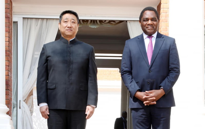 Hakainde Hichilema, President of the Republic of Zambia with His Excellency Mr. Han Jing, the new Ambassador of the People's Republic of China to Zambia. MoFAIC Zambia