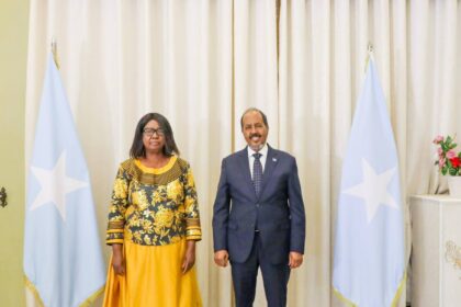Somali President Hassan Sheikh Mohamud commends Zambia for welcoming foreigners and supporting their economic participation during a meeting with Zambian Ambassador H.E. Mrs. Rose Sakala on September 24, 2024