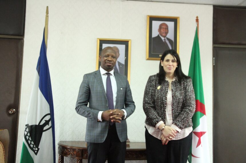 Ambassador Salma Malika Haddadi meets Lesotho’s Foreign Minister, Hon. Lejone Mpotjoana, at the Qobosheaneng Government Complex during her campaign for the AU Deputy Chairperson position. (Photo: MoFAIR Lesotho)