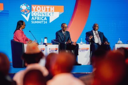 President Paul Kagame, alongside Prime Minister Sam Matekane of Lesotho and @PLPAfrica founder Ms. Mumbi Ndung'u, is leading an inspiring Intergenerational Dialogue at #YouthConnekt2024, sharing experiences that span generations and continents. Photo: X/@YouthConnektAf