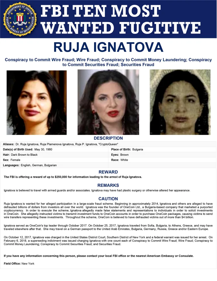 Ruja Ignatova, of Bulgaria, is one of the FBI’s top 10 most wanted suspects for her alleged role in a global cryptocurrency scam. Picture: Federal Bureau of Investigation. (Photo: FBI)
