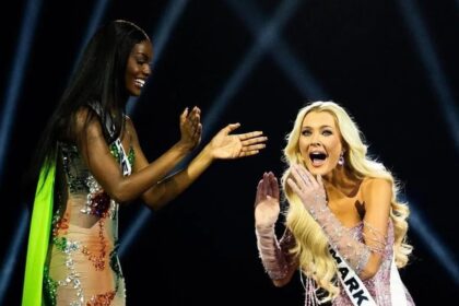 Miss Universe Denmark, Victoria Kjaer Theilvig (R), and Miss Nigeria, Chidimma Adetshina, await the announcement of the winner of Miss Universe 2023 on stage at the 73rd edition of the Miss Universe pageant in Mexico City on November 16, 2024. (Photo by CARL DE SOUZA / AFP)