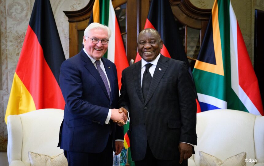 President Frank-Walter Steinmeier (left) and Matamela Cyril Ramaphosa, President of South Africa, meet for a conversation at the official residence of the president. President Steinmeier is visiting Nigeria, South Africa, and Lesotho during his four-day Africa trip.