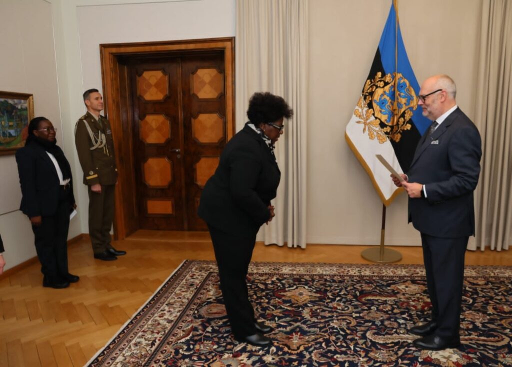 Ambassador Gladys Neven Lundwe presents her credentials to Estonian President Alar Karis in Tallinn, marking a step toward enhanced Zambia-Estonia relations. Photo: MoFAIC Zambia