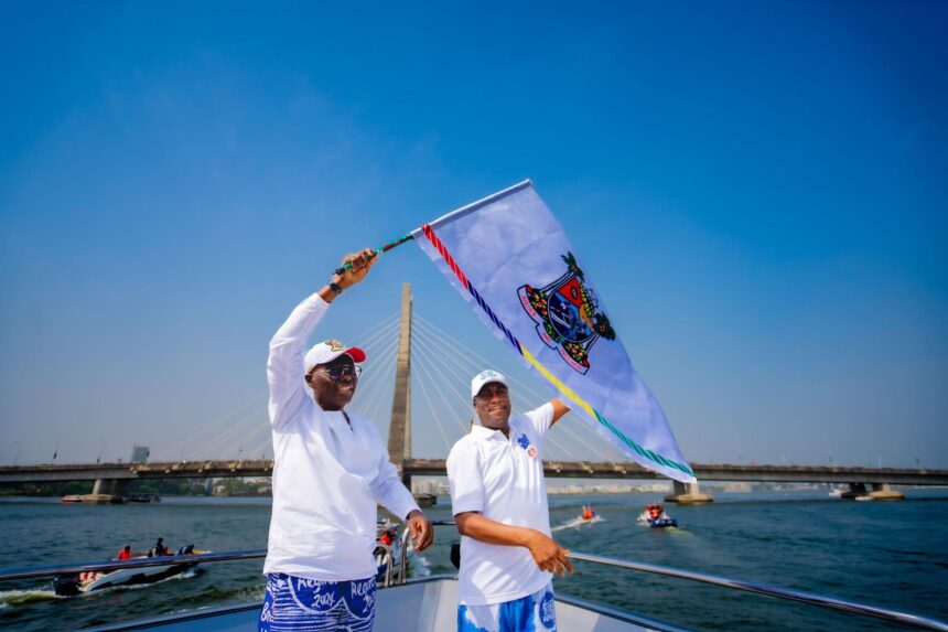 Governor Babajide Sanwo-Olu aboard a boat during the 2024 Lagos Boat Regatta on Victoria Island.