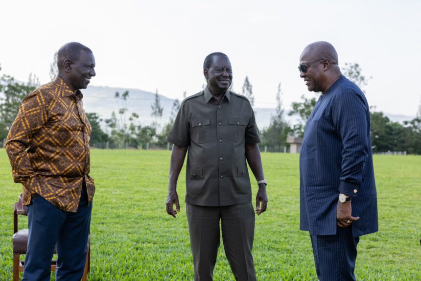 Kenyan President William Ruto, Ghana's President-elect John Dramani Mahama, and Raila Odinga discuss enhancing bilateral ties and support for regional initiatives during a meeting on December 29, 2024. Photo: X/@WilliamsRuto