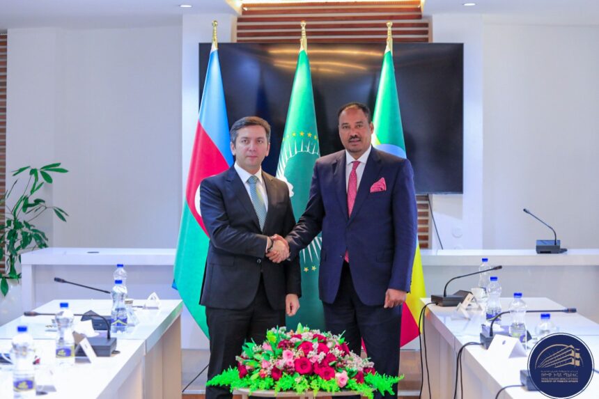 Ethiopia’s State Minister of Foreign Affairs, Ambassador Mesganu Arga, and Azerbaijan’s Deputy Minister of Foreign Affairs, Yalchin Rafiyev, during the third political consultations held in Addis Ababa.