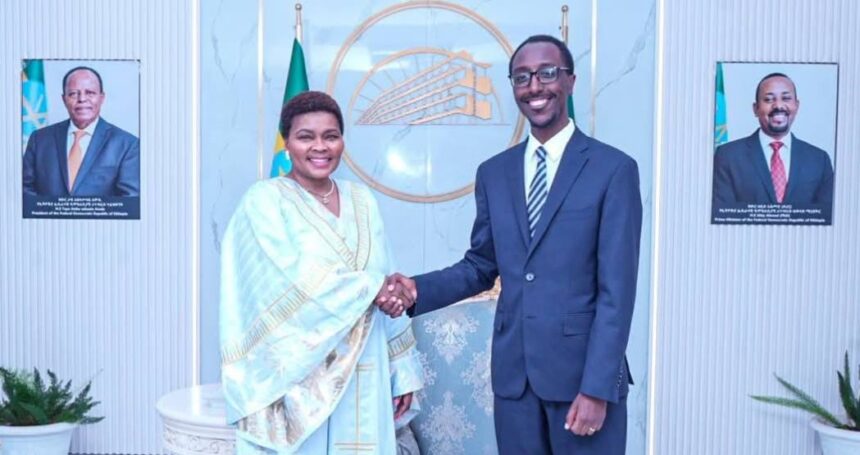 Dr. Gedion Timothewos and Ambassador Nonceba Losi discuss Ethiopia-South Africa relations in Addis Ababa.