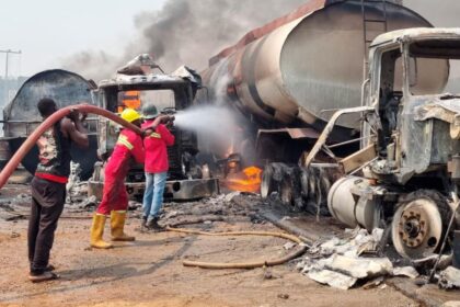 Rescue workers recover bodies from the wreckage of a fuel truck explosion in Dikko, Niger State, where the death toll has reached 98.