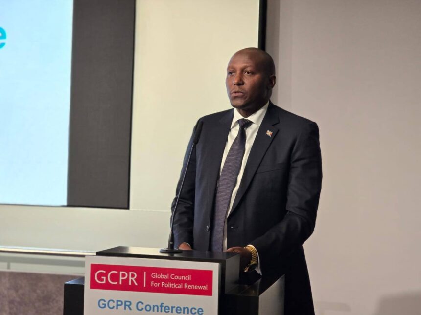 Eswatini Prime Minister Russell Mmiso Dlamini speaks at the 3rd Annual Meeting of the Global Council for Political Renewal in Brussels, advocating for diverse governance models that respect tradition while fostering social cohesion and development.
